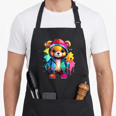 Colorful teddy bear apron - Cartoon bear in hoodie surrounded by blue, orange, pink, yellow paint splatters — shown on a black cotton canvas apron against a white background