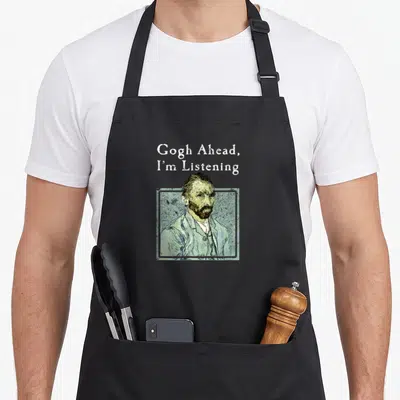 Ear van gogh apron - Gogh Ahead text above framed portrait of Vincent van Gogh in blue and green tones — shown on a black cotton canvas apron against a white background