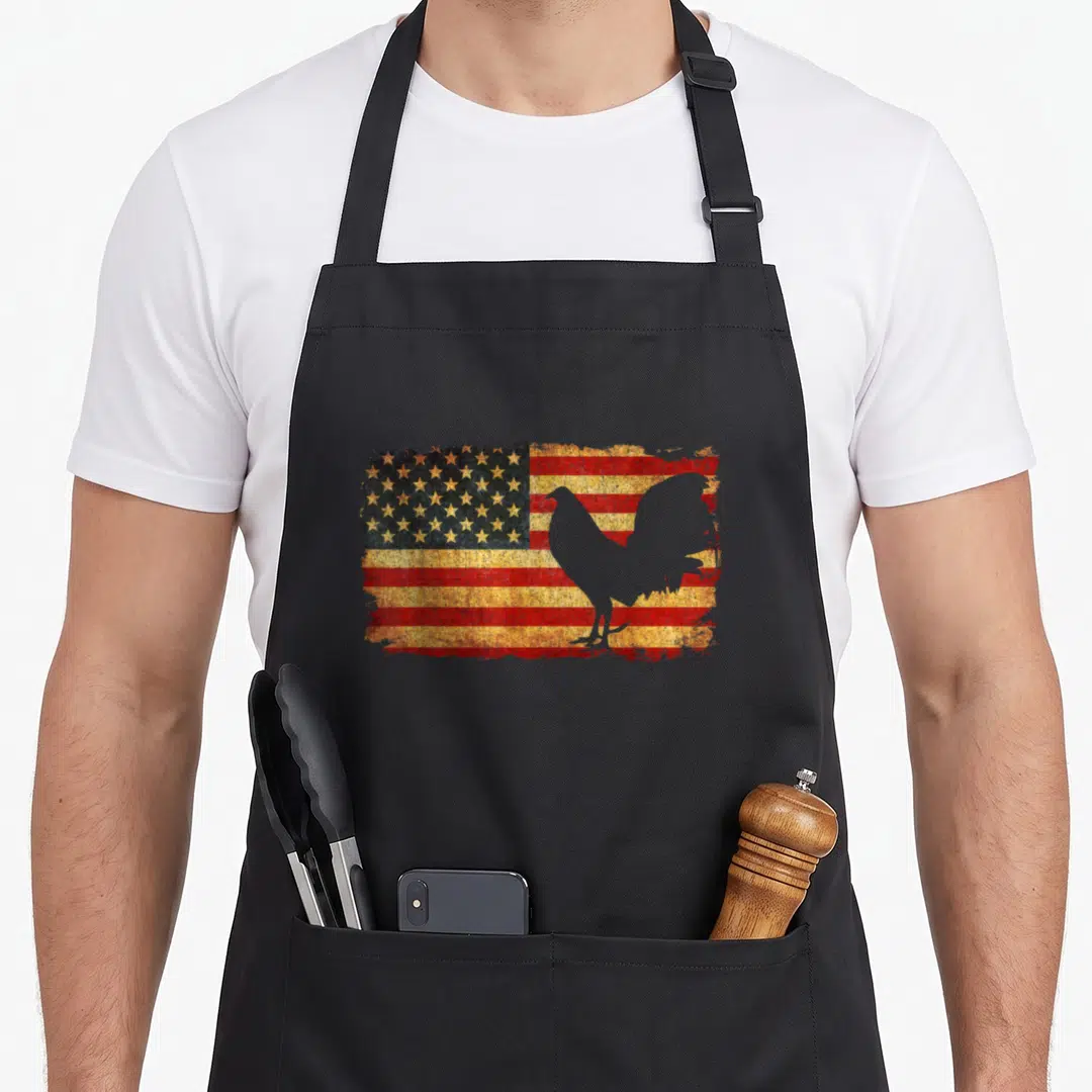 Fight us aprons - Grey rooster silhouette over distressed red white blue USA flag — shown on a black cotton canvas apron against a white background