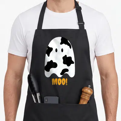 Moo halloween apron - Cartoon ghost with black cow spots and orange MOO! text below — shown on a black cotton canvas apron against a white background