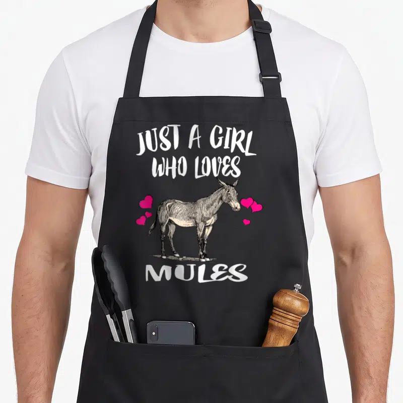 Retro mule apron - Just A Girl Who Loves Mules text with brown mule and pink hearts — shown on a black cotton canvas apron against a white background