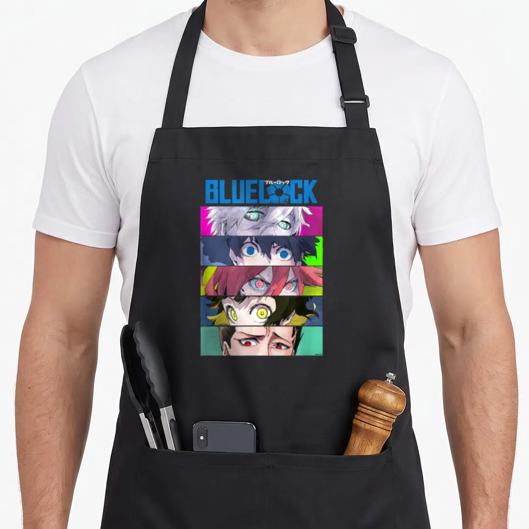 Blue split apron - BLUE LOCK title above five stacked horizontal strips of anime character eyes in blue magenta green — shown on a black cotton canvas apron against a white background