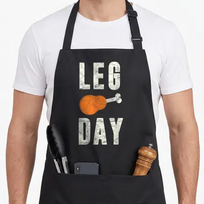 Pilgrim thanksgiving day aprons - Distressed white LEG DAY text framing a centered orange chicken leg illustration — shown on a black cotton canvas apron against a white background