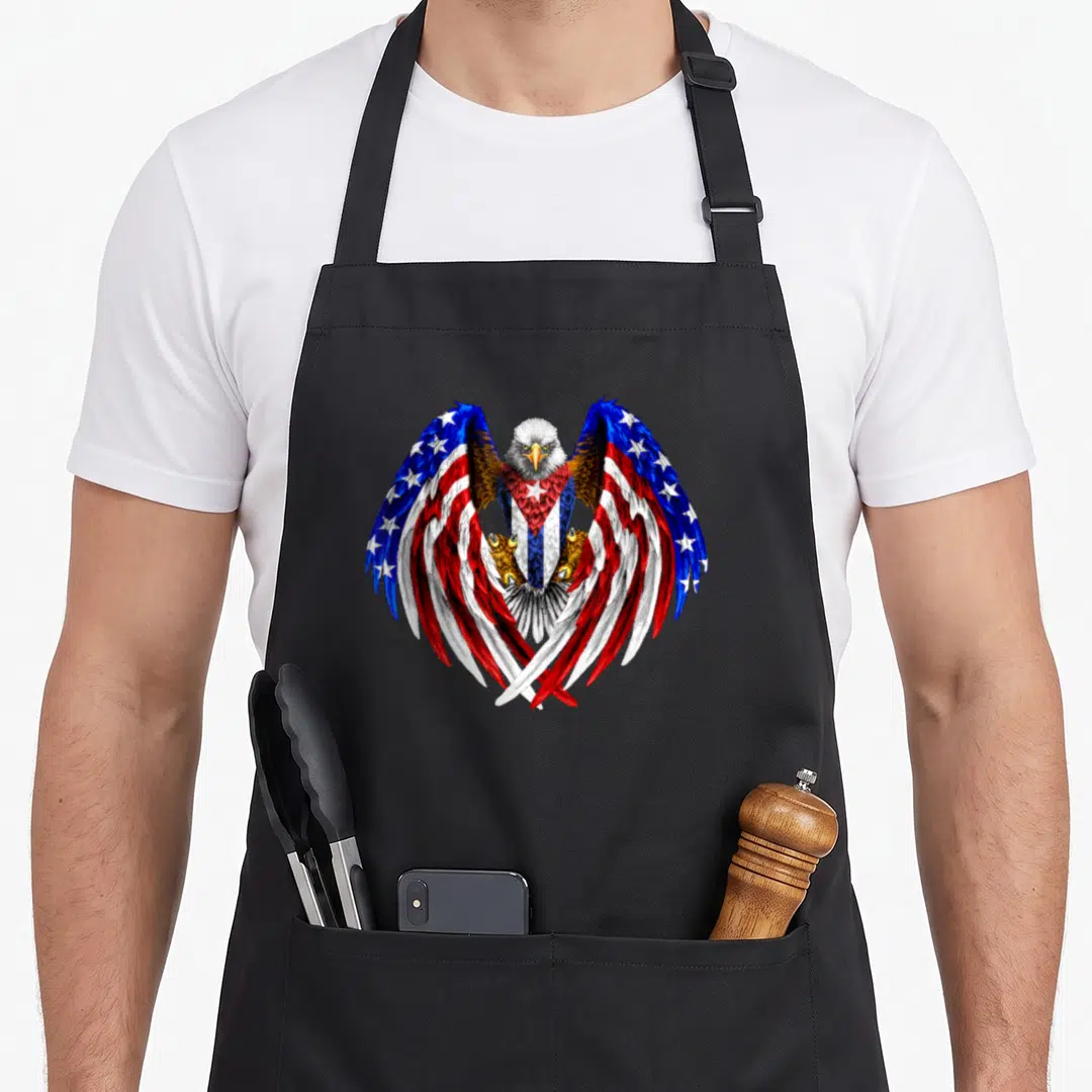 Cuba eagle american flag apron - Realistic eagle with wings patterned in blue red and white flag stripes and stars — shown on a black cotton canvas apron against a white background