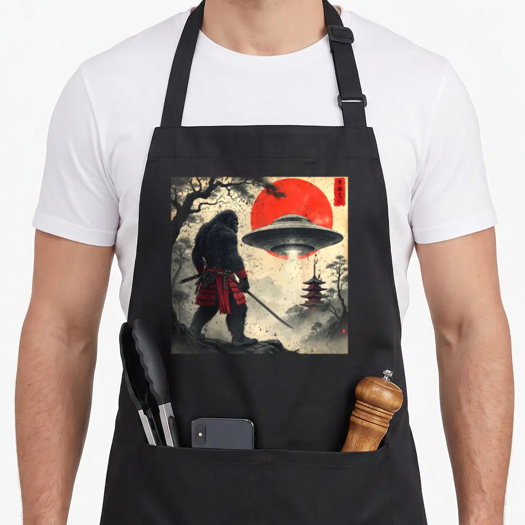 Japanese bigfoot apron - Gorilla in red samurai armor stands before UFO and red sun near a pagoda — shown on a black cotton canvas apron against a white background
