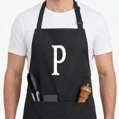 Pea halloween apron - Single white serif letter P printed on grey background — shown on a black cotton canvas apron against a white background
