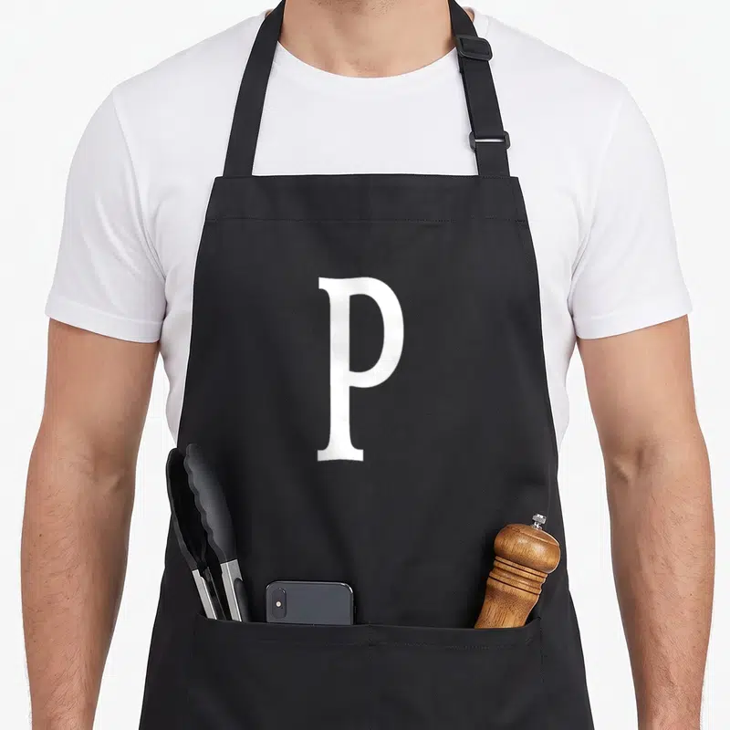 Pea halloween apron - Single white serif letter P printed on grey background — shown on a black cotton canvas apron against a white background