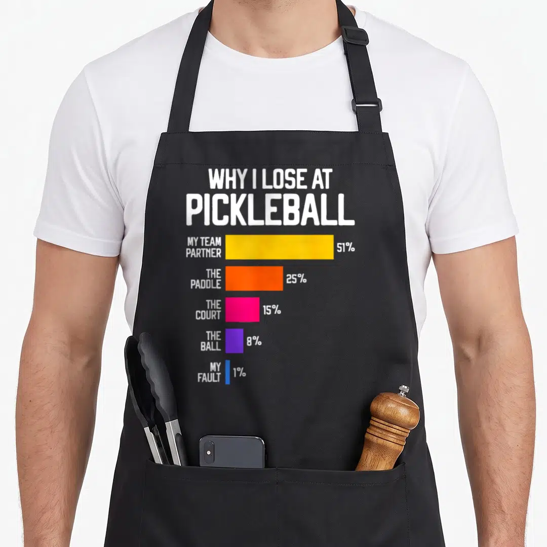 Lose pickleball apron - Bar chart listing pickleball loss reasons with yellow, orange, pink, purple, and blue bars — shown on a black cotton canvas apron against a white background
