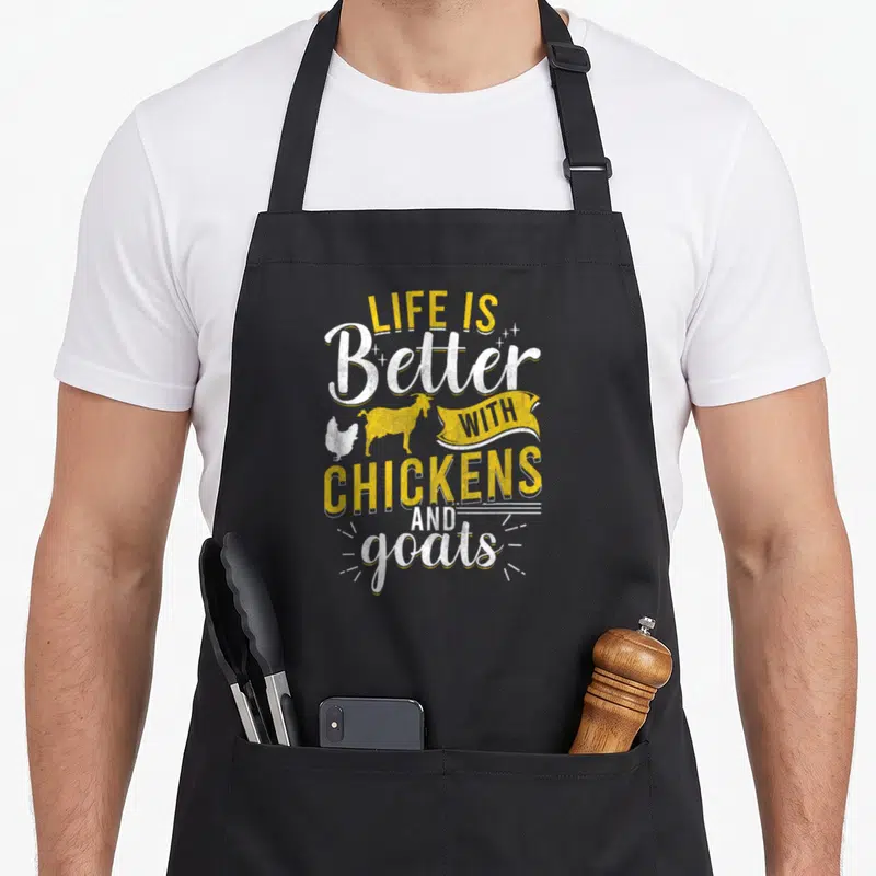 Goat chicken apron - LIFE IS Better WITH CHICKENS AND goats text with goat and chicken silhouettes in yellow and white — shown on a black cotton canvas apron against a white background