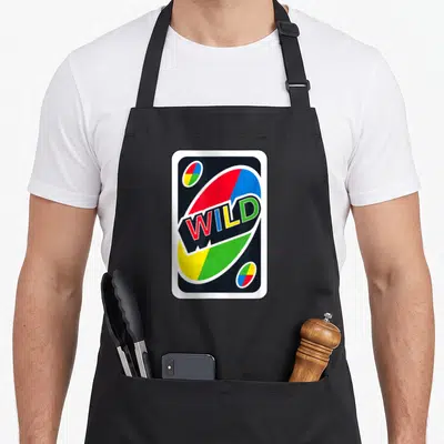Uno wars new apron - Black card with white border, multi-colored WILD text, and four-color ovals — shown on a black cotton canvas apron against a white background