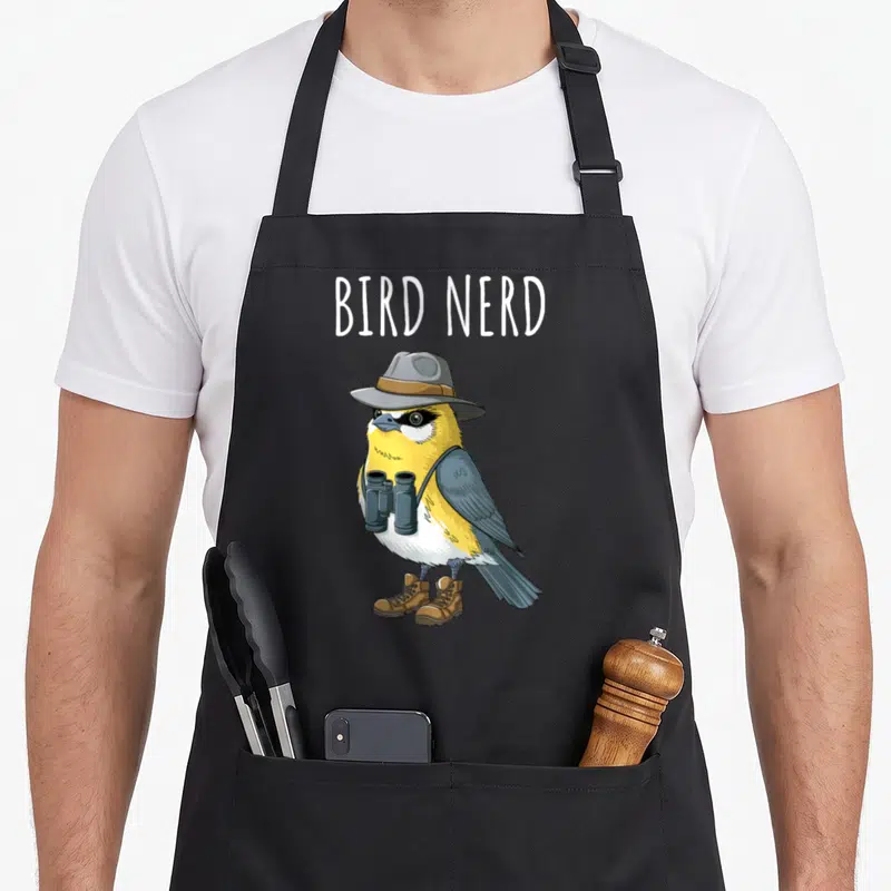 Nerd bird apron - Cartoon yellow bird wearing hat boots and binoculars under white text — shown on a black cotton canvas apron against a white background