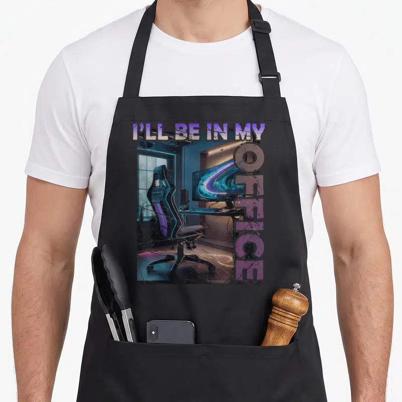Gaming nerd apron - I'll Be In My Office text with purple blue gaming chair and monitor art — shown on a black cotton canvas apron against a white background