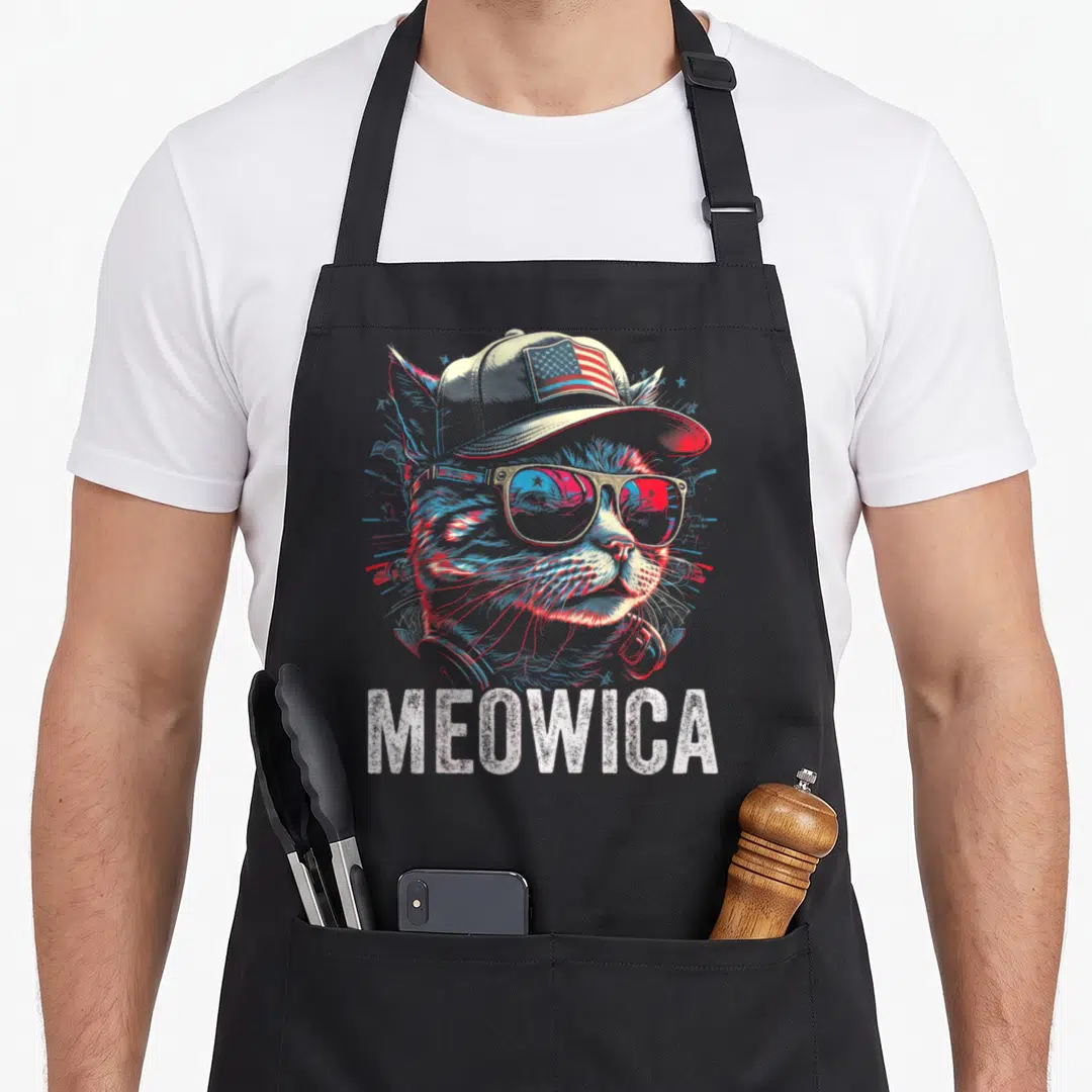 Meowica cat 4th of july apron - Retro cat with sunglasses and cap above white MEOWICA text with scattered stars — shown on a black cotton canvas apron against a white background