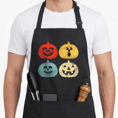 Funny pumpkin halloween kitchen aprons - Four distressed jack-o-lanterns in red, yellow, teal, and cream arranged — shown on a black cotton canvas apron against a white background