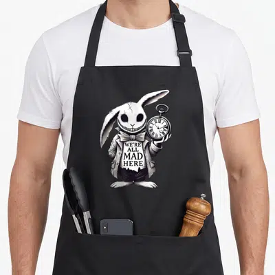 Hatter rabbit apron - Stylized white rabbit holding pocket watch with WE'RE ALL MAD HERE text on chest in black line art — shown on a black cotton canvas apron against a white background
