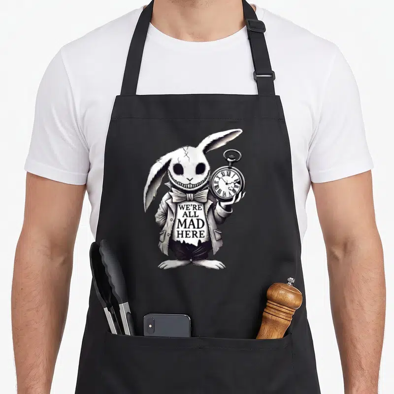 Hatter rabbit apron - Stylized white rabbit holding pocket watch with WE'RE ALL MAD HERE text on chest in black line art — shown on a black cotton canvas apron against a white background