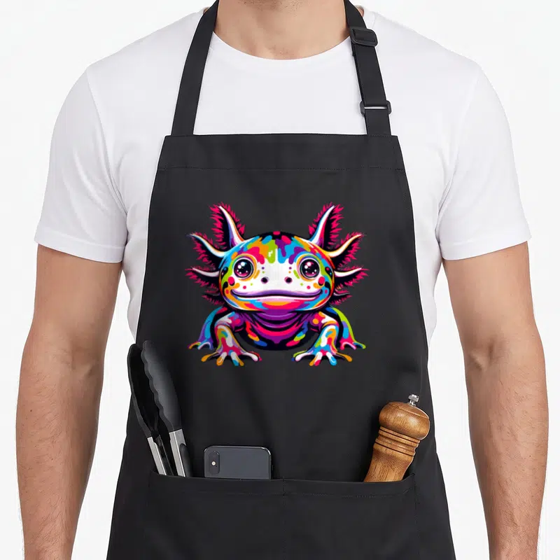 Kawaii colorful aprons - Cartoon multicolored axolotl in pink blue yellow green purple — shown on a black cotton canvas apron against a white background