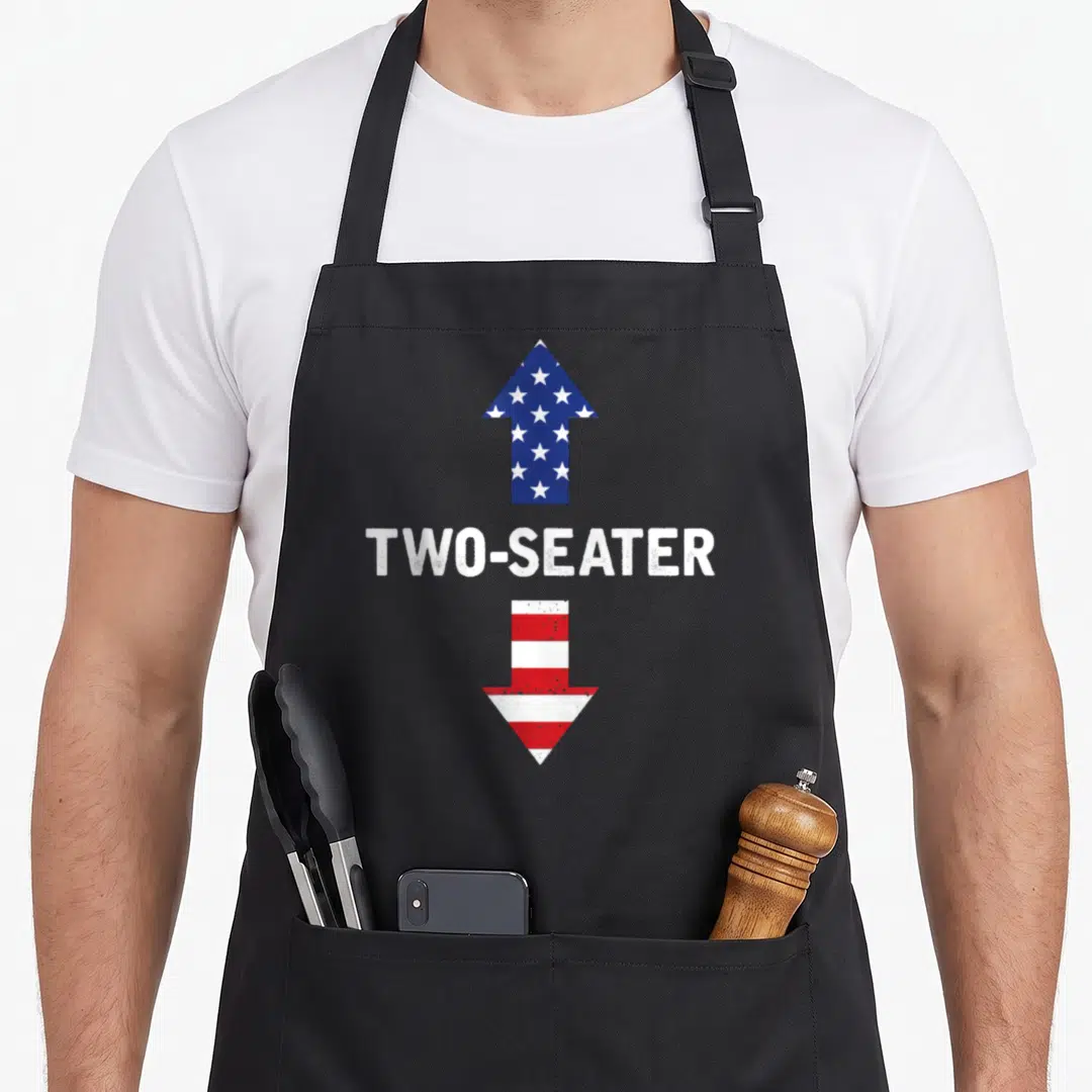 Arrow 4th of july apron - Two arrows one up one down with two-seater text in distressed blue red and white — shown on a black cotton canvas apron against a white background