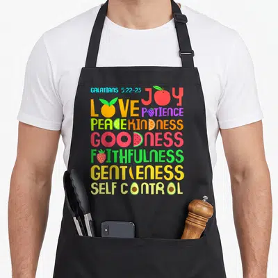 Funny bible verse apron - Stacked colorful text Galatians 5:22-23 with fruit icons replacing letters in Joy Love Peace — shown on a black cotton canvas apron against a white background