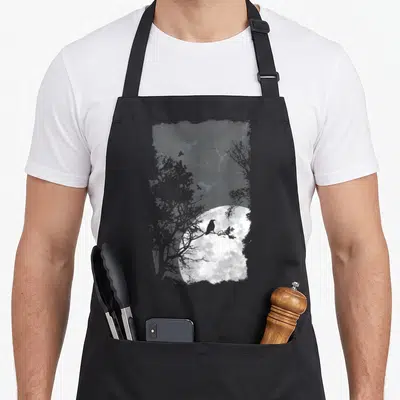 Moon halloween apron - Grey crow silhouette on branch in front of white full moon with dark tree outlines — shown on a black cotton canvas apron against a white background