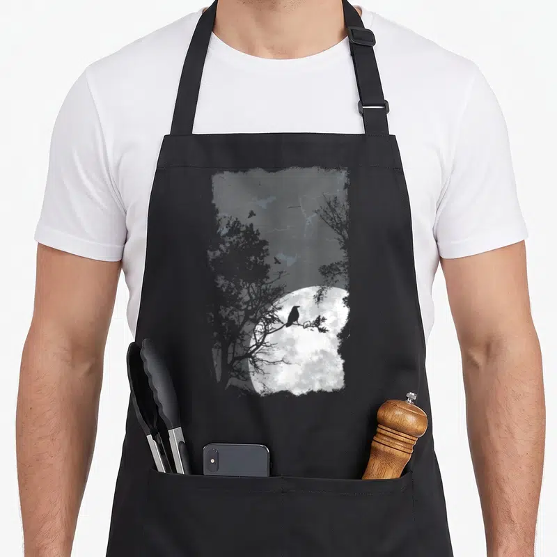 Moon halloween apron - Grey crow silhouette on branch in front of white full moon with dark tree outlines — shown on a black cotton canvas apron against a white background