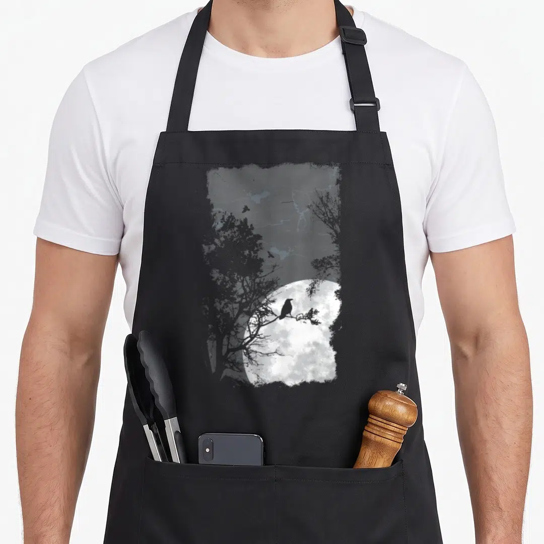 Moon halloween apron - Grey crow silhouette on branch in front of white full moon with dark tree outlines — shown on a black cotton canvas apron against a white background