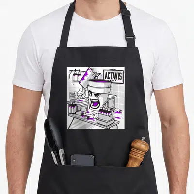 Codeine double apron - Cartoon foam cup holding purple-splattered cleaver with ACTAVIS KILLA and Cash Only signs — shown on a black cotton canvas apron against a white background