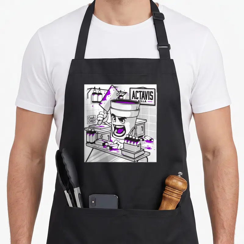 Codeine double apron - Cartoon foam cup holding purple-splattered cleaver with ACTAVIS KILLA and Cash Only signs — shown on a black cotton canvas apron against a white background