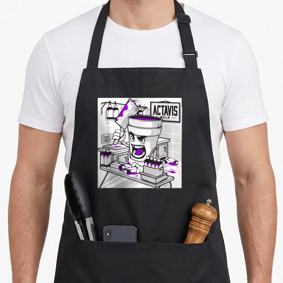 Codeine double apron - Cartoon foam cup holding purple-splattered cleaver with ACTAVIS KILLA and Cash Only signs — shown on a black cotton canvas apron against a white background