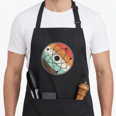Physicist atom teacher apron - Grey atom symbol over retro red orange teal brown grey horizontal stripes — shown on a black cotton canvas apron against a white background