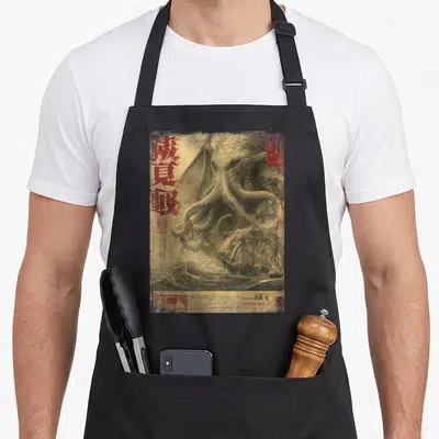 Cthulhu newspaper apron - Vintage kraken wrapping tentacles around a ship with red kanji and block text on beige — shown on a black cotton canvas apron against a white background