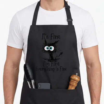 Fine cat apron - Cartoon black cat with wide blue eyes surrounded by sarcastic text It's Fine I'm Fine Everything Is — shown on a black cotton canvas apron against a white background