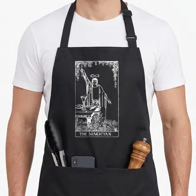 Magician traditional apron - White line art of The Magician tarot figure with floral border and text — shown on a black cotton canvas apron against a white background