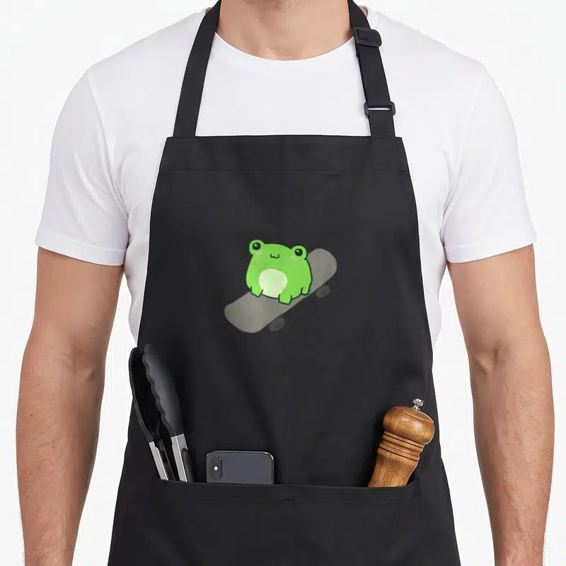 Skateboard kawaii apron - Small green cartoon frog sitting on a grey skateboard deck — shown on a black cotton canvas apron against a white background