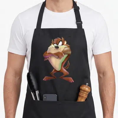 Popfunk devil's apron - Brown and beige cartoon Tasmanian Devil standing with crossed arms centered on grey background — shown on a black cotton canvas apron against a white background