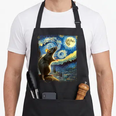 Rat van gogh apron - Realistic brown rat on rock under swirling blue yellow starry night sky with moon and town — shown on a black cotton canvas apron against a white background