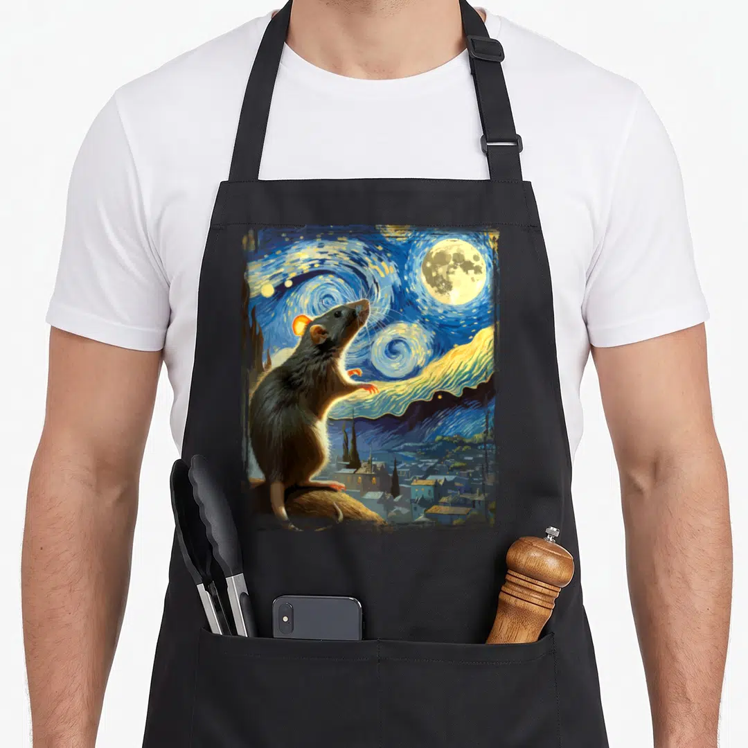 Rat van gogh apron - Realistic brown rat on rock under swirling blue yellow starry night sky with moon and town — shown on a black cotton canvas apron against a white background
