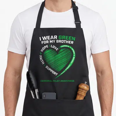 Funny brother cerebral palsy awareness apron - Green striated heart with I WEAR GREEN FOR MY BROTHER text and small — shown on a black cotton canvas apron against a white background