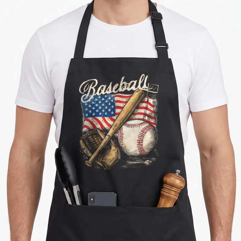 Bat american flag apron - Retro Baseball script over waving US flag with bat, ball, and glove in red white blue beige — shown on a black cotton canvas apron against a white background
