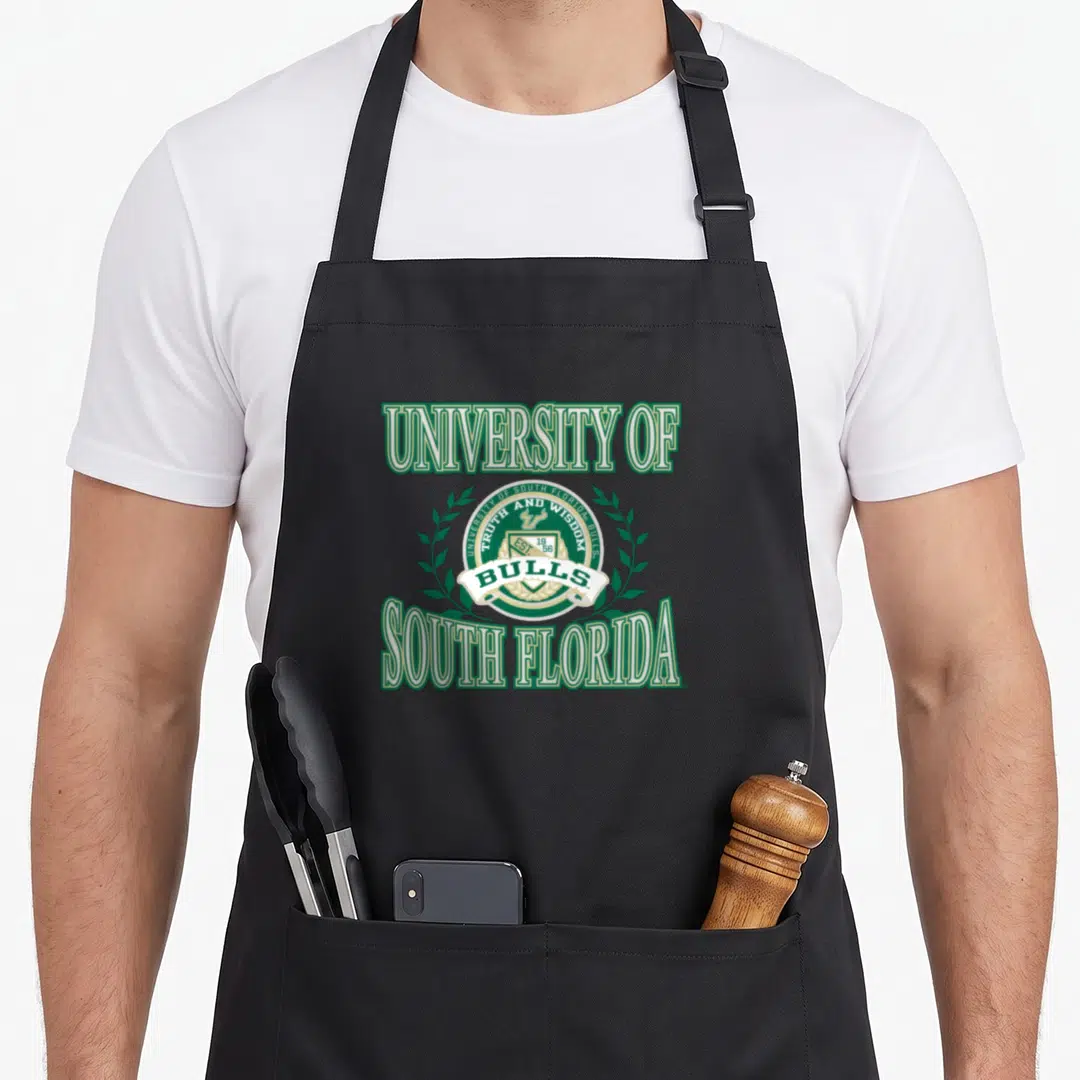 Laurel florida apron - University of South Florida Bulls seal with Truth and Wisdom motto in green and gold typography — shown on a black cotton canvas apron against a white background