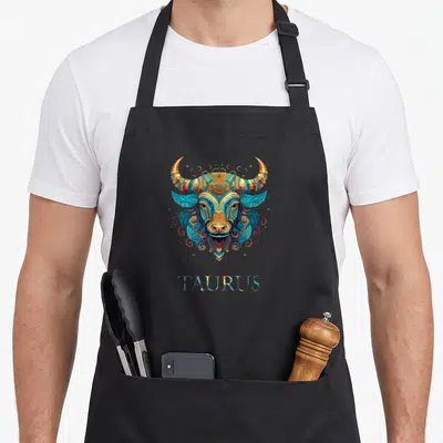 Personality taurus aprons - Patterned bull head in blue orange yellow above printed TAURUS text — shown on a black cotton canvas apron against a white background