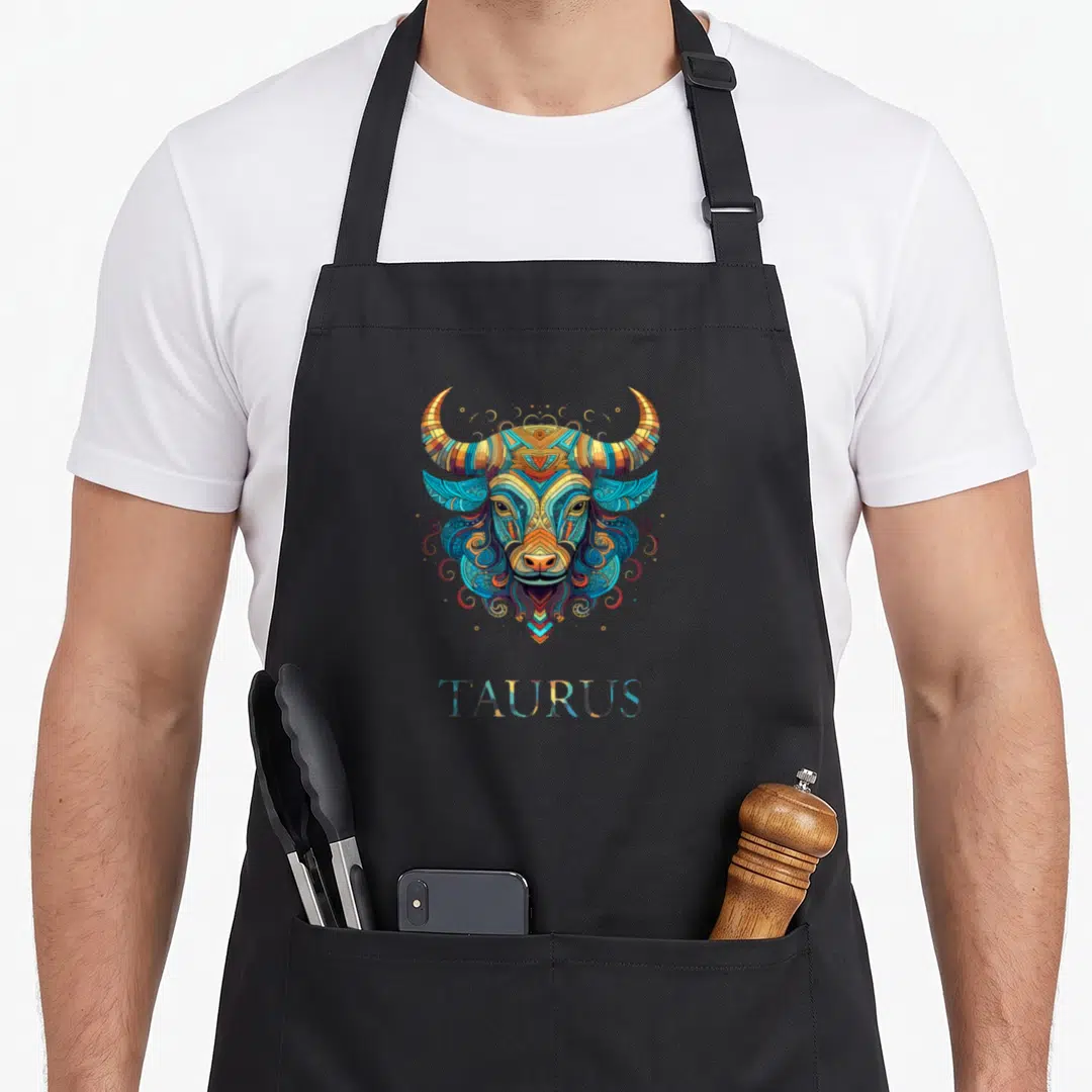 Personality taurus aprons - Patterned bull head in blue orange yellow above printed TAURUS text — shown on a black cotton canvas apron against a white background
