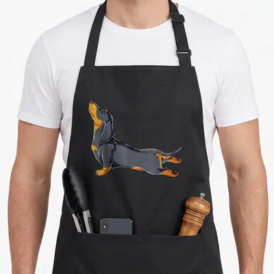 Yoga dachshund apron - Cartoon dachshund in grey tan and black stretching pose centered on grey background — shown on a black cotton canvas apron against a white background