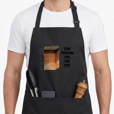 Stop science apron - Soil profile diagram with O A B C labels and stacked text STOP TREATING SOIL LIKE DIRT — shown on a black cotton canvas apron against a white background