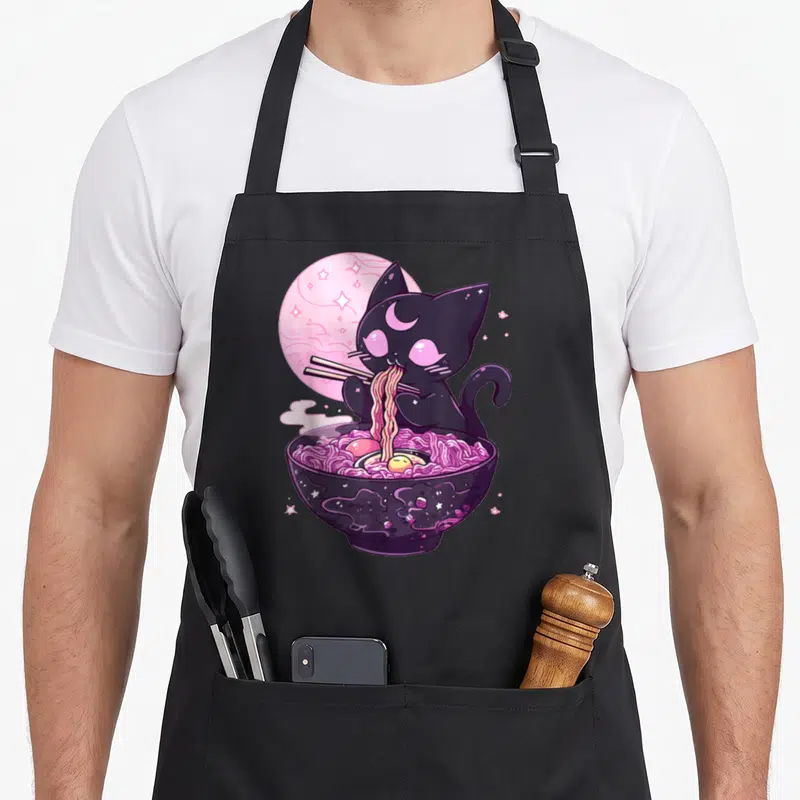 Goth cat apron - Dark purple cat eating pink noodles with chopsticks under a pink moon — shown on a black cotton canvas apron against a white background