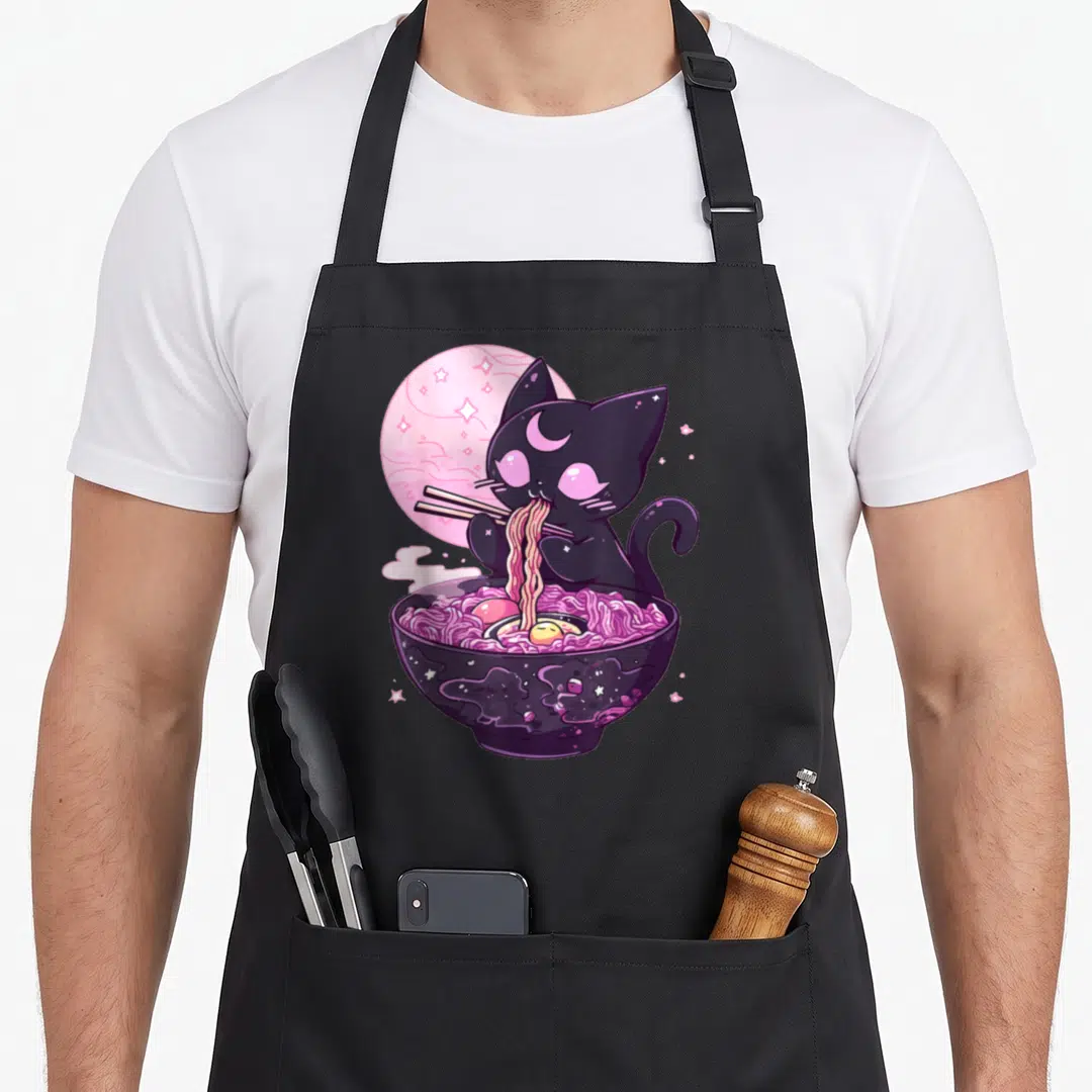 Goth cat apron - Dark purple cat eating pink noodles with chopsticks under a pink moon — shown on a black cotton canvas apron against a white background