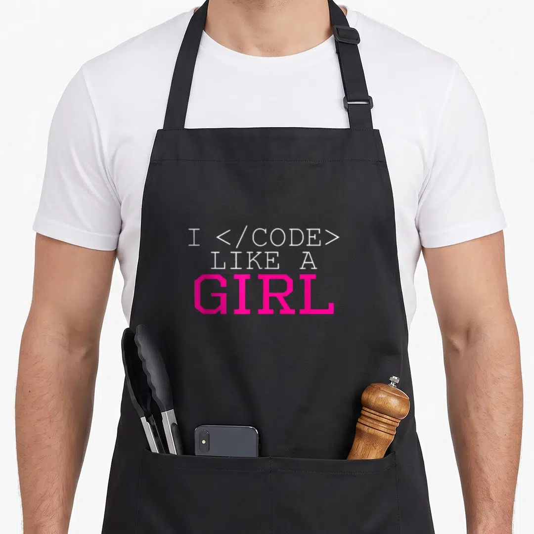 Code i love figure apron - White and pink stacked text reading I CODE LIKE A GIRL with HTML tags — shown on a black cotton canvas apron against a white background