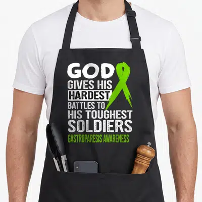 God gastroparesis awareness apron - Stacked white and black text next to a large green awareness ribbon on a grey — shown on a black cotton canvas apron against a white background