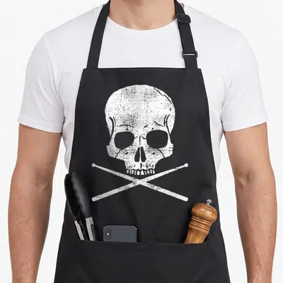 Death drumsticks apron - White distressed skull above two crossed drumsticks on black fabric — shown on a black cotton canvas apron against a white background