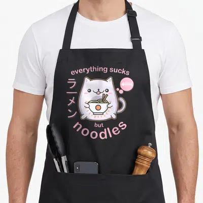 Goth anime cooking apron - Pastel cat holding ramen bowl with everything sucks but noodles text and fish skeleton — shown on a black cotton canvas apron against a white background